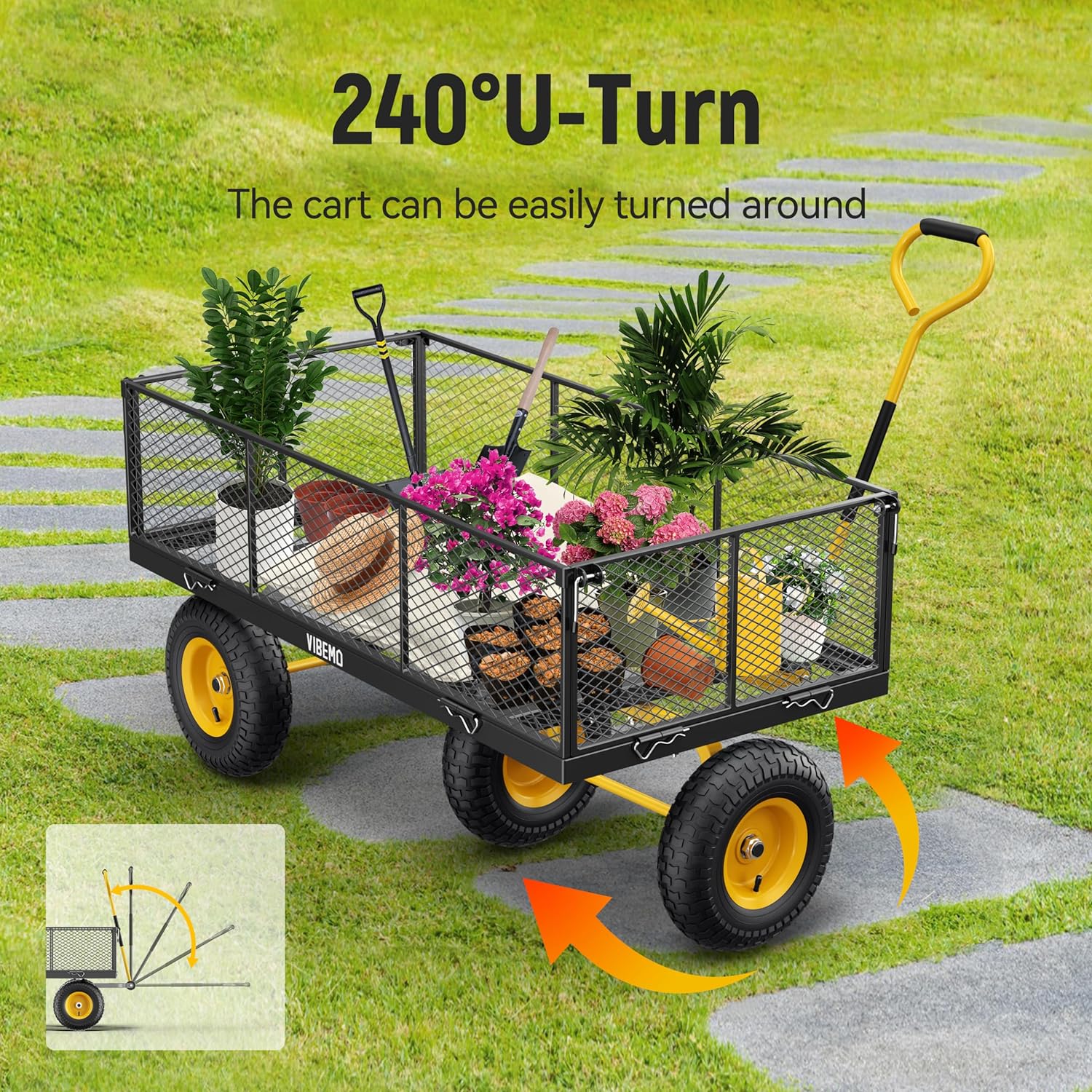 Steel Garden Cart 2-in-1 1400 lbs Heavy Duty Utility Wagon with Removable Mesh Sides to Convert into Flatbed 240?? U-Turn 13" Pneumatic Tires Garden Wagon for Farm Yard Lawn Garden Camping - Image 6