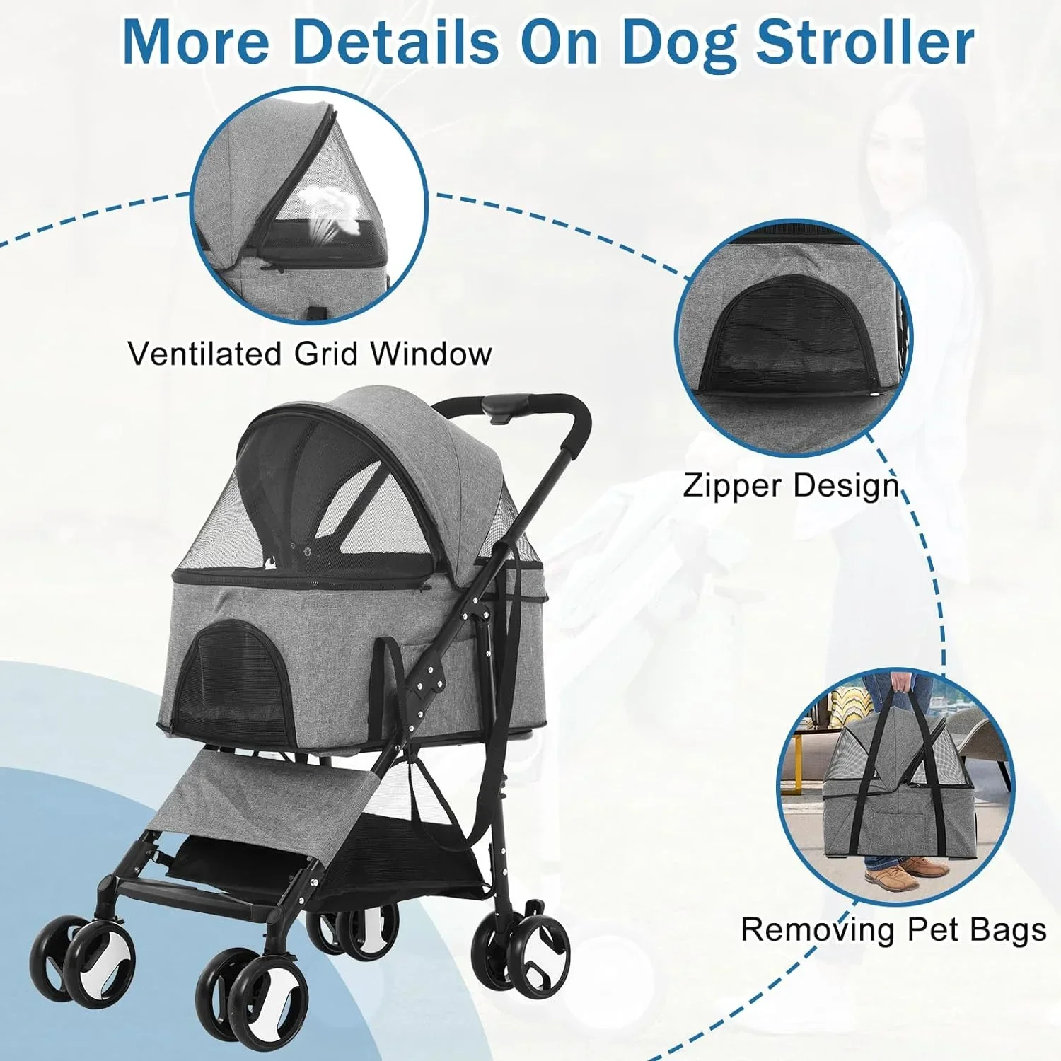 Dkeli 3-in-1 Folding Pet Stroller With Detachable Carrier And Car Seat, 44 Lbs - Image 3
