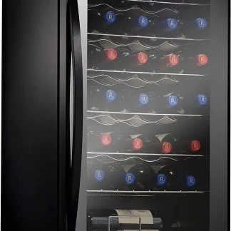 NutriChef Compressor Wine Cooler Refrigerator, 28 Bottle, Black Glass Door