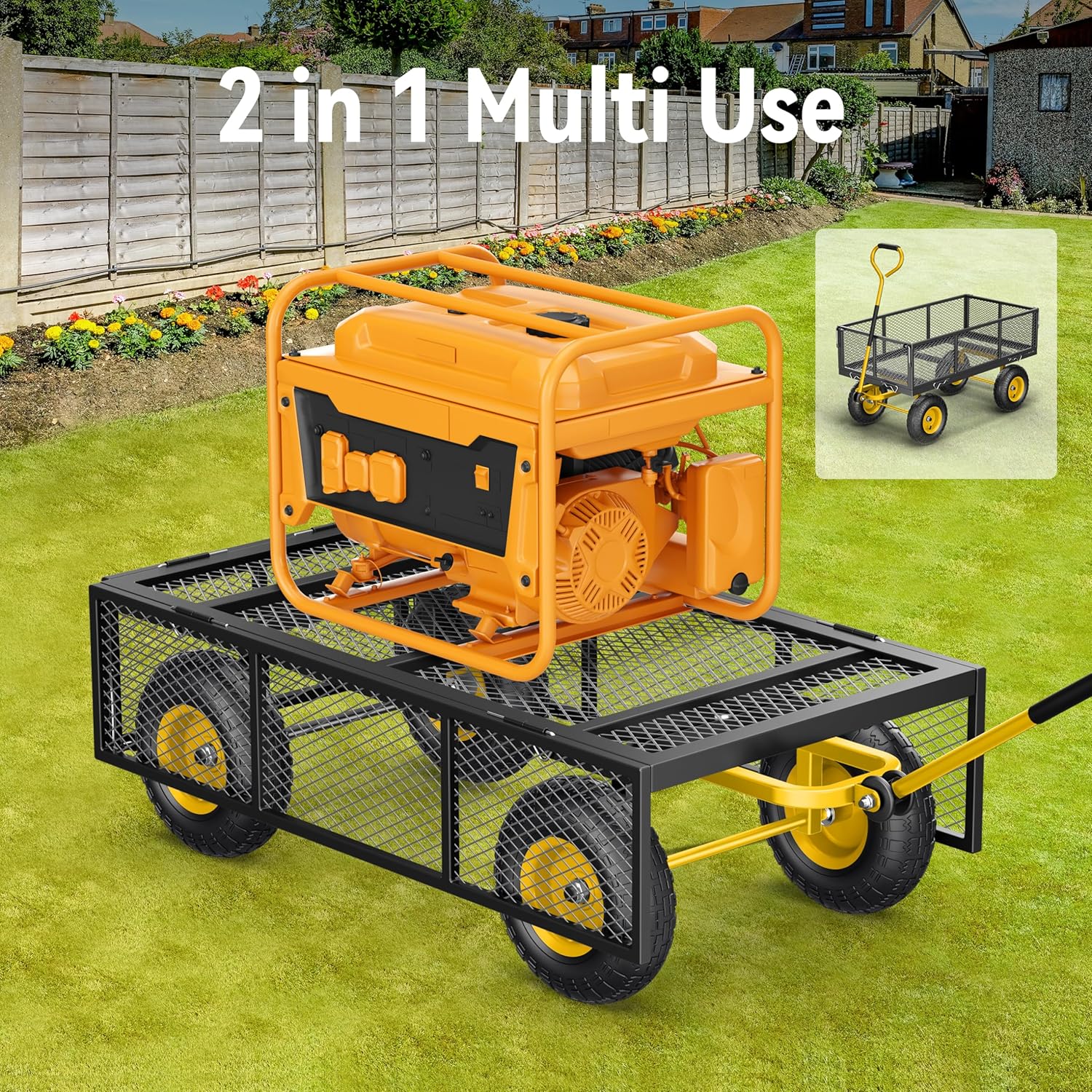 Steel Garden Cart 2-in-1 1400 lbs Heavy Duty Utility Wagon with Removable Mesh Sides to Convert into Flatbed 240?? U-Turn 13" Pneumatic Tires Garden Wagon for Farm Yard Lawn Garden Camping - Image 12