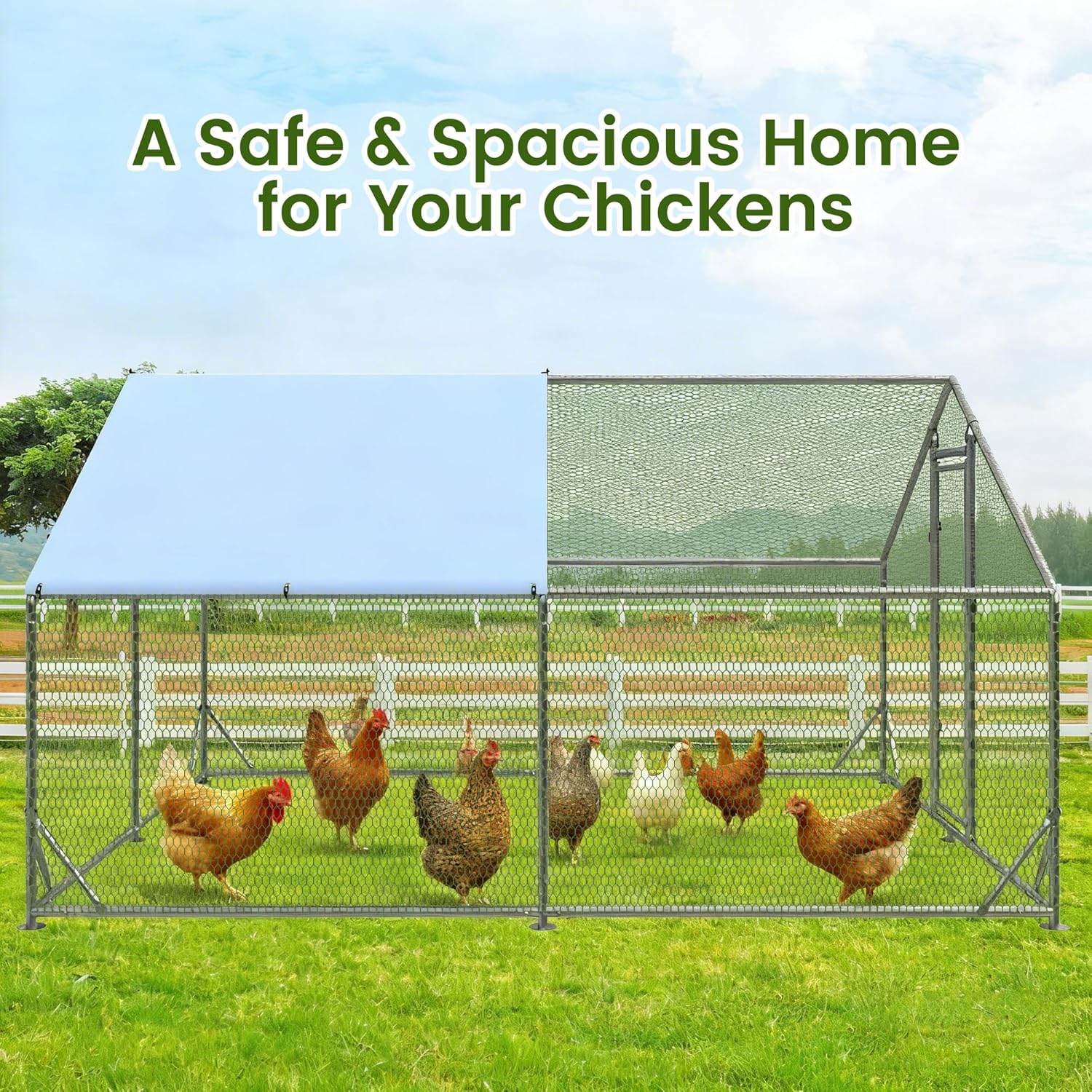 Metal Walk-In Chicken Run Cage With Waterproof Anti-Ultraviolet Cover, 19.6' L x 9.8' W x 6.4' H - Image 6