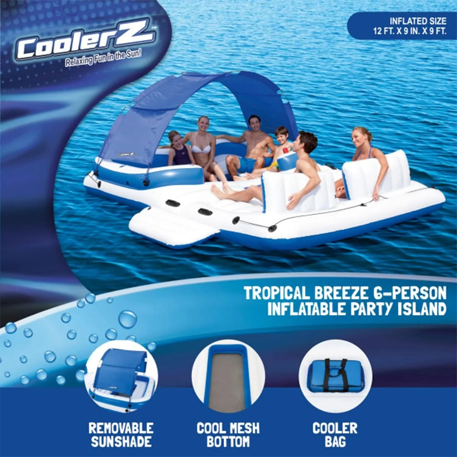Tropical Breeze 6 Person Inflatable Party Island Large Relaxing Water Float with Detachable Sunshade and Cooler Bag - Image 11