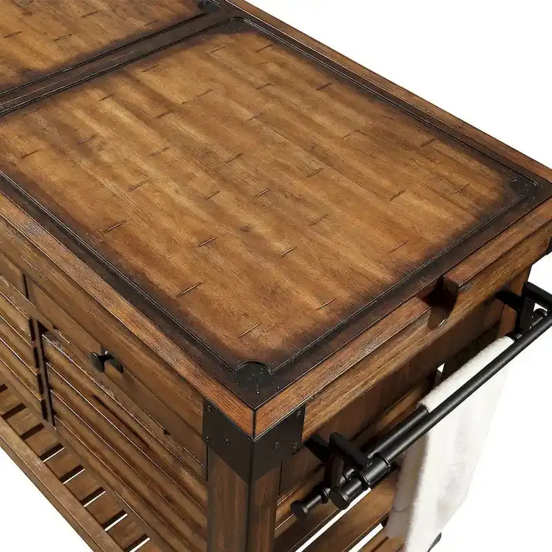 Kitchen Island Cart With 3 Drawers, Wood And Metal, Distressed Chestnut - Image 5