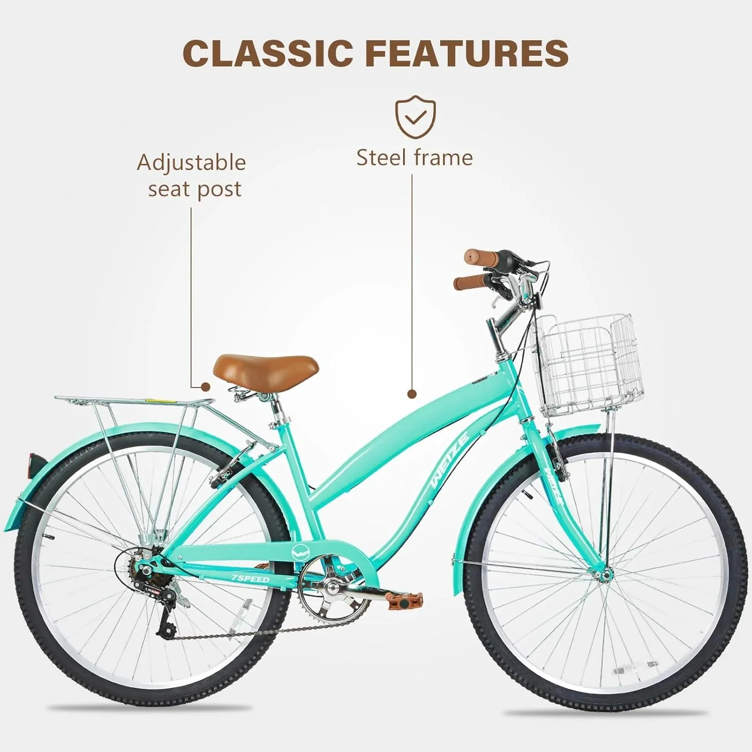WEIZE Beach Cruiser Bike, 26 inch Commuter Bicycle for Adult Men and Women, 7-Speed/High-Carbon Steel/Front & Rear Fenders, Comfortable City Bikes with Rear Rack or Basket, Ergonomic Upright Design - Image 18
