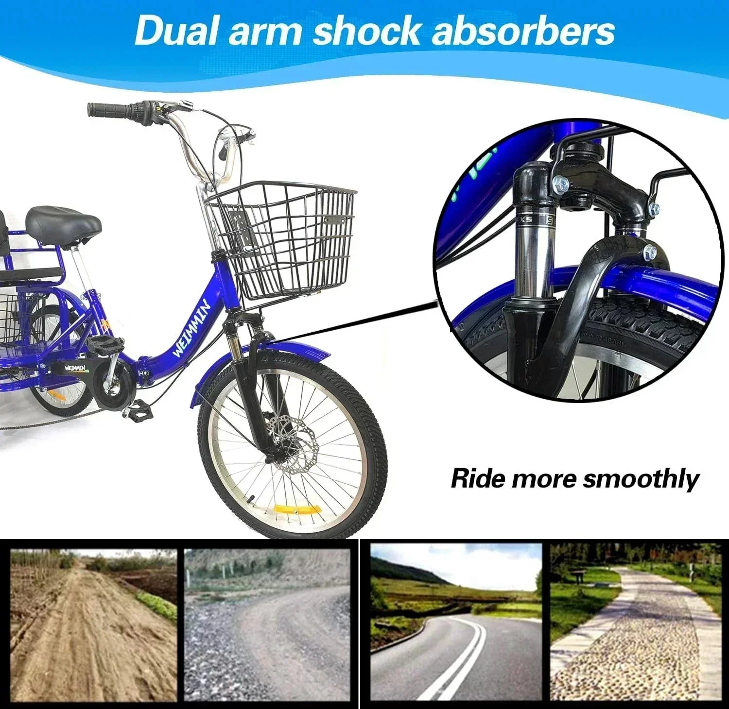 Tricycle 7 Speed, 20 inch 3 Wheel Bikes Folding Tricycle for Adults Star Strip Blue - Image 3