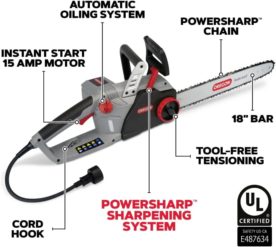 Oregon CS1500 18-inch 15 Amp Self-Sharpening Corded Electric Chainsaw, with Integrated Self-Sharpening System (PowerSharp), 2-Year Warranty, 120V, Grey, Black - Image 4