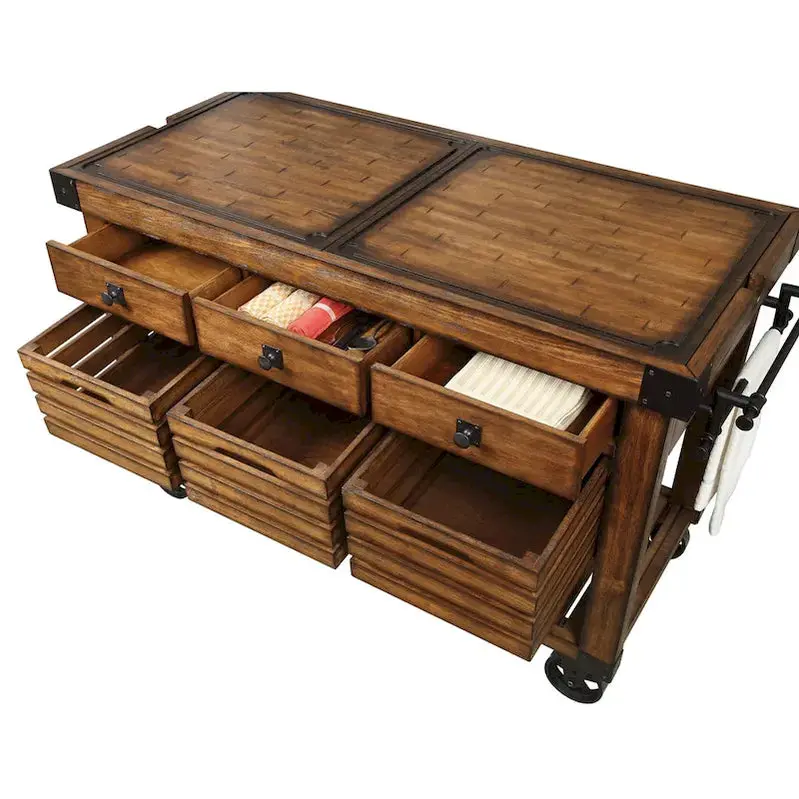 Kitchen Island Cart With 3 Drawers, Wood And Metal, Distressed Chestnut - Image 4