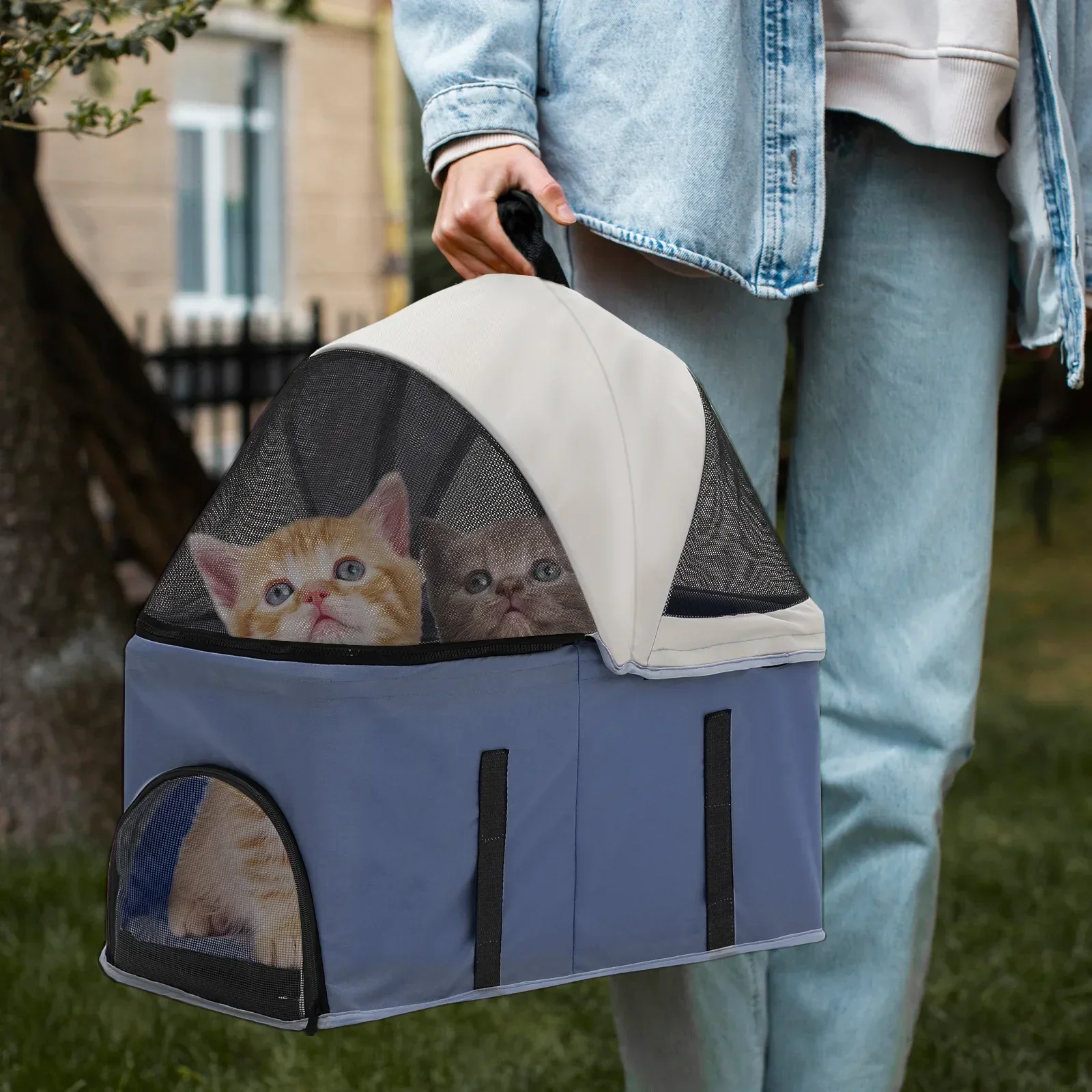 MoNiBloom 4-Wheel Foldable Pet Stroller, 33 lbs, Navy Blue - Image 5
