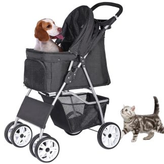 Foldable Cat/Dog Pet Stroller With 4 Wheel, Storage Basket, Cup Holder - Black