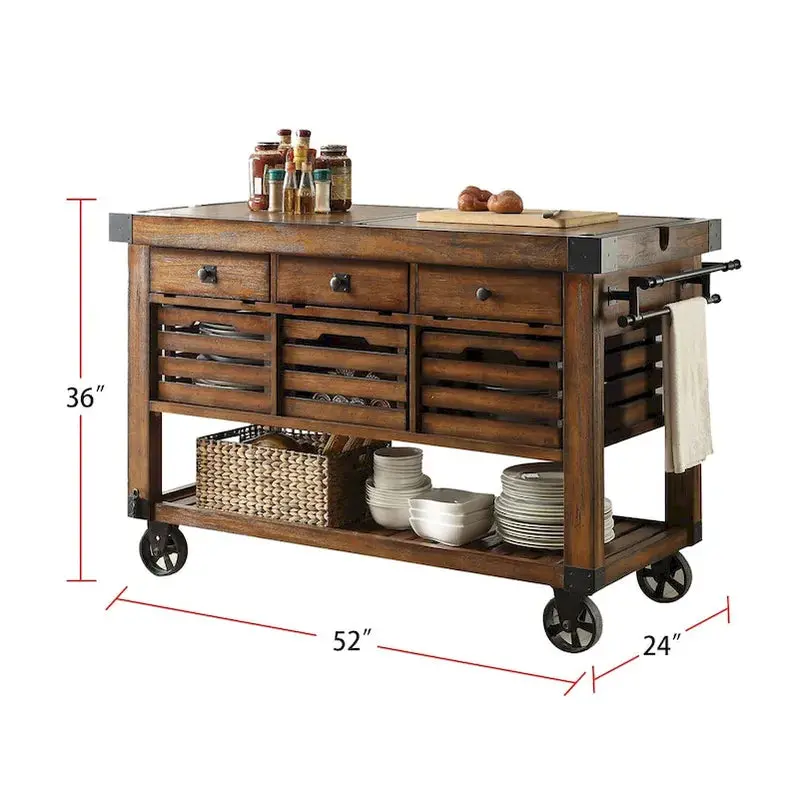 Kitchen Island Cart With 3 Drawers, Wood And Metal, Distressed Chestnut - Image 3