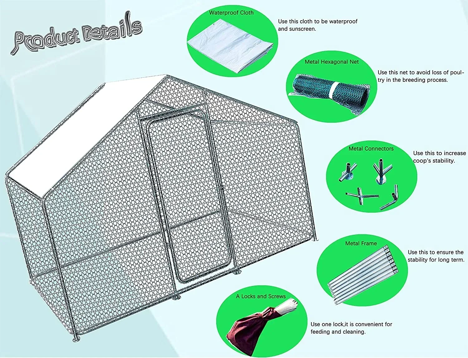 Phonjoroo Metal Chicken Coop With Run Cover, 10 ft L x 6.6 ft W x 6.6 ft H (79.2 in H x 79.2 in W x 120 in D) - Image 9