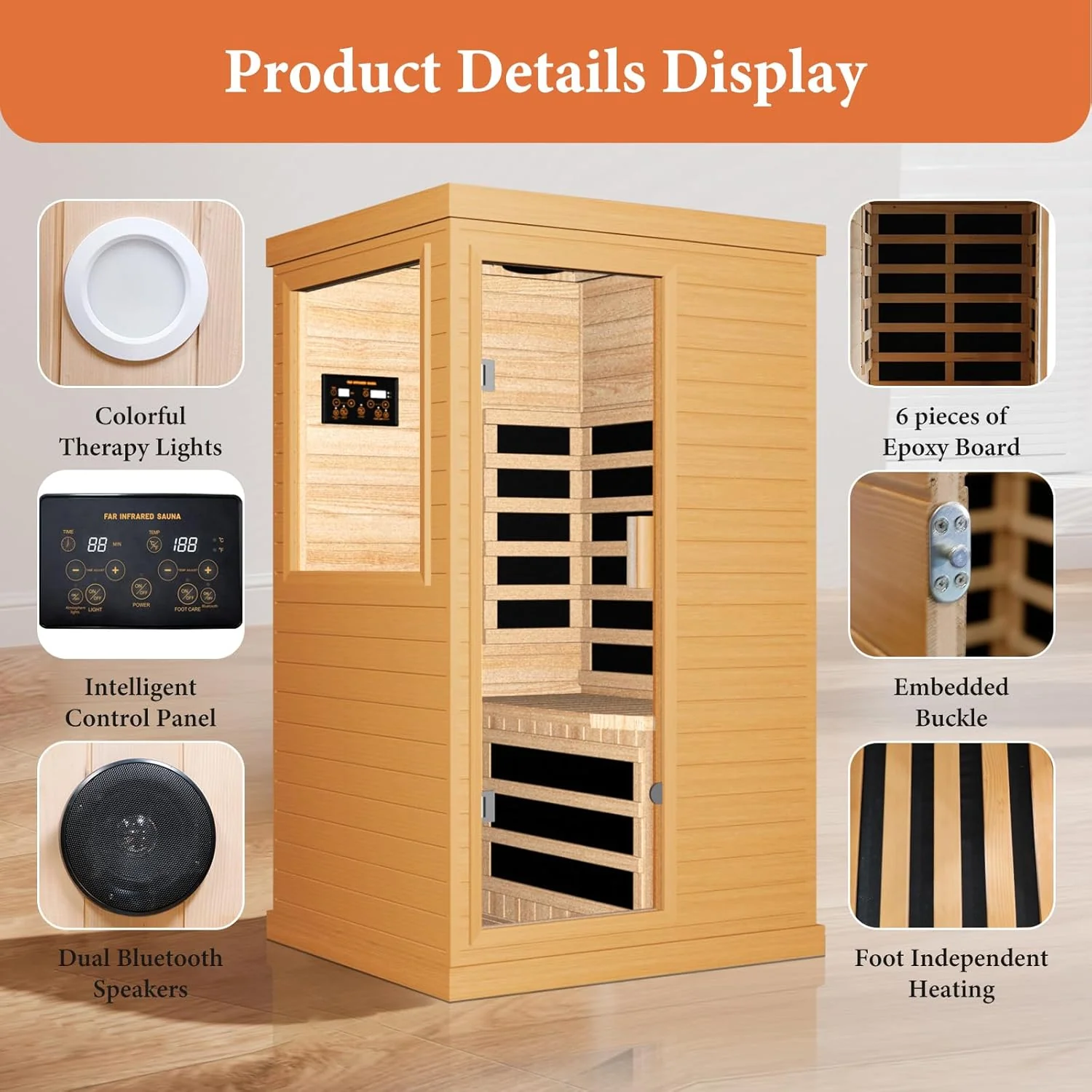 Far Infrared Home Sauna Spa Room, Canadian Hemlock Wood, 1200W, 110V, 35.2 x 27.6 x 61.6 Inch - Image 6