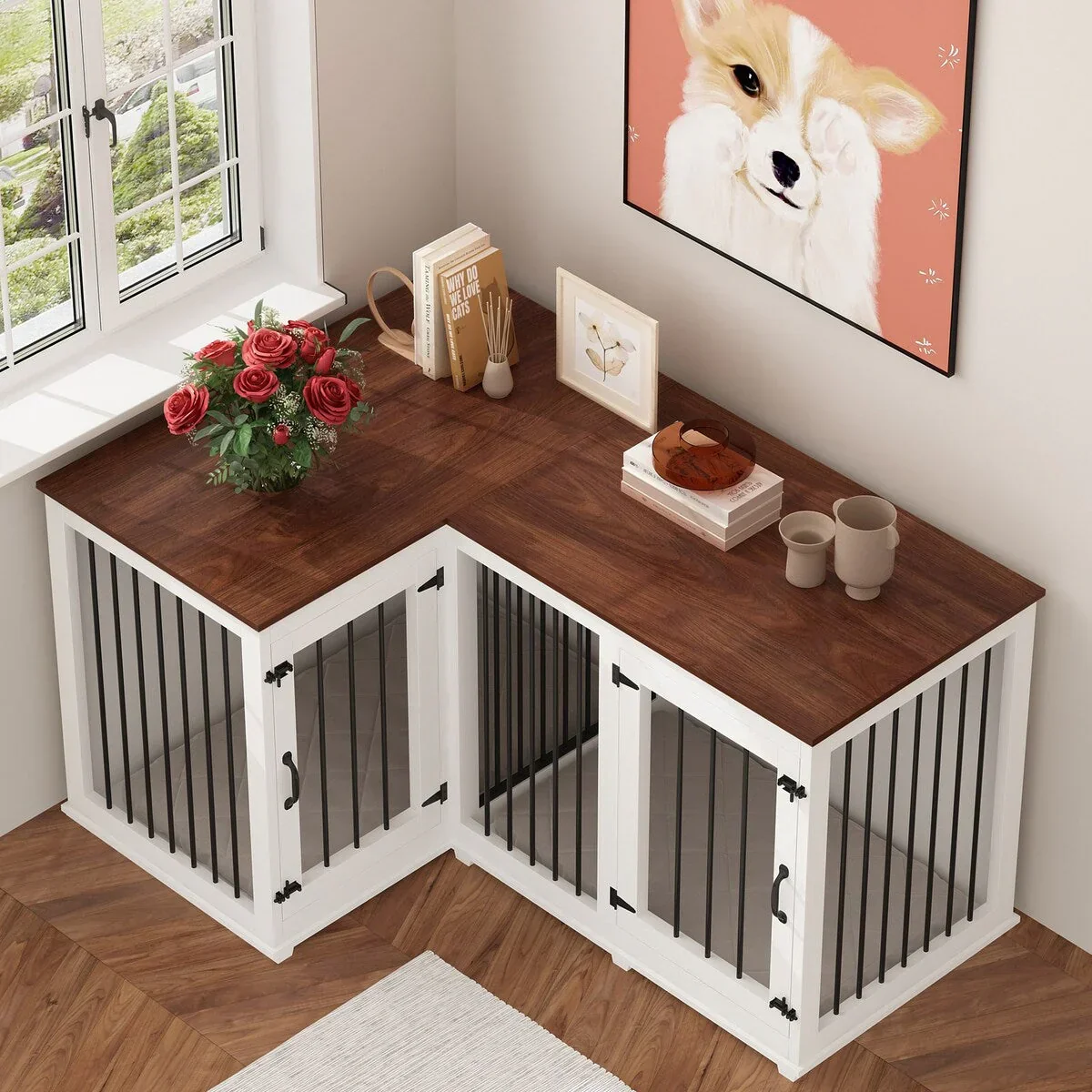 L Shape Corner Dog Crate Furniture For 2 Dogs, 58.7X41.1 - Image 5