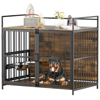ROOMTEC Large Dog Crate Furniture With Adjustable Bowls, Steel Frame, 48in x 30.3in x 43in