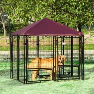 Outdoor Dog Kennel With Rotating Bowl Holders, 5 ft x 5 ft x 5 ft, Black And Red
