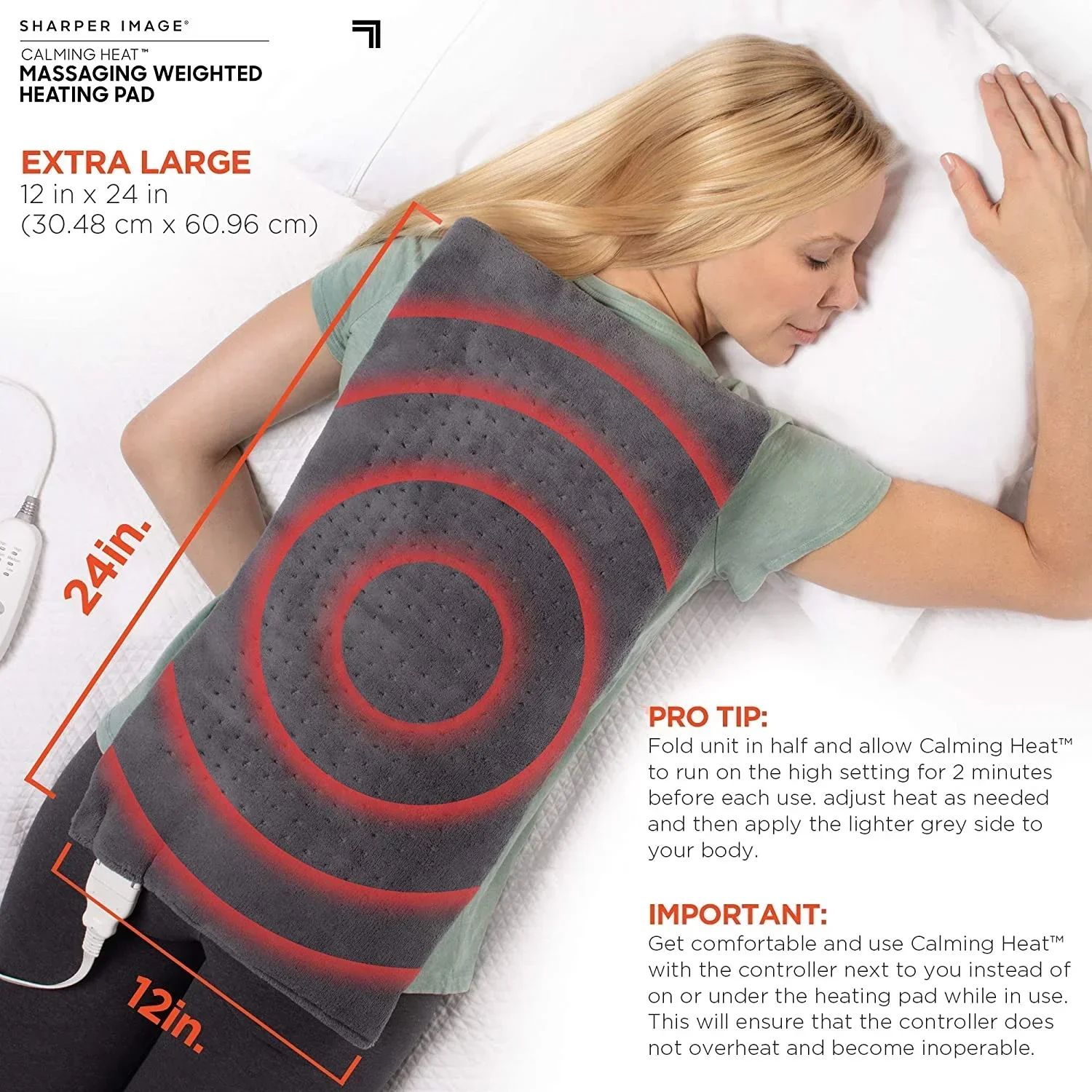 Sharper Image Calming Comfort Heat Massaging Weighted Heating Pad With Vibration, 12 Settings, 12 x 24 in, 4 lbs - Image 2