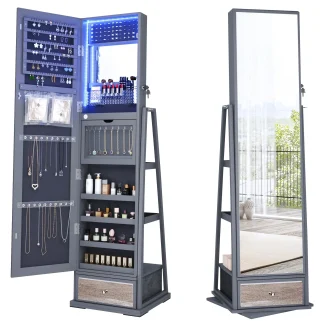 FREDEES Standing Jewelry Cabinet With Full-Length Mirror, Lights, Engineered Wood, Gray, 14 in D x 15 in W x 64 in H