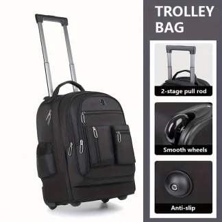 Rolling Backpack With Retractable Handle, Aluminum Frame, Oxford Fabric, Black