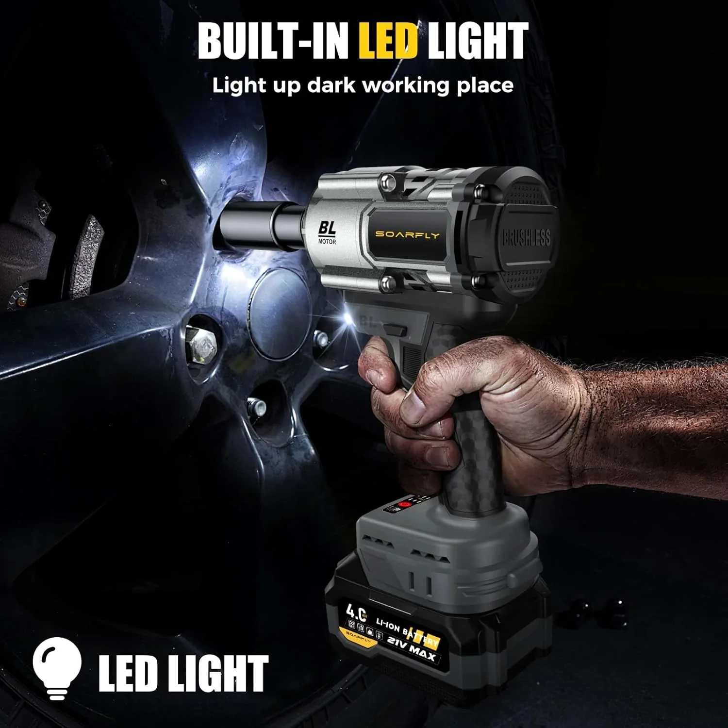 Cordless Impact Wrench, 1200Nm(900ft-lbs) High Torque 1/2'' Impact Wrench, 21V Brushless Electric Impact Gun with 2Pcs 4.0Ah Batteries, 1 Hour Fast Charger, 5 Sockets, Power Impact Driver for Car Home - Image 5