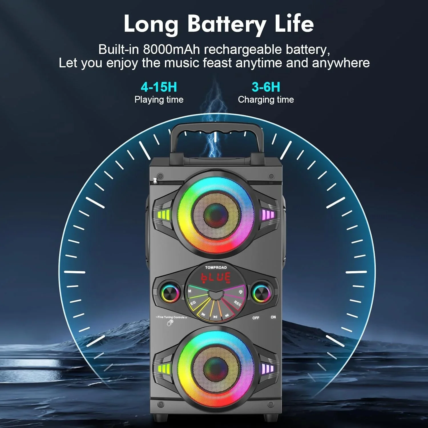Speakers, 60W Portable Wireless Loud Outdoor Home Party Bluetooth Speaker with Subwoofer, FM Radio, LED Colorful Lights, Microphone, Remote and Big Powerful Stereo Deep Bass Sound Boombox - Image 4