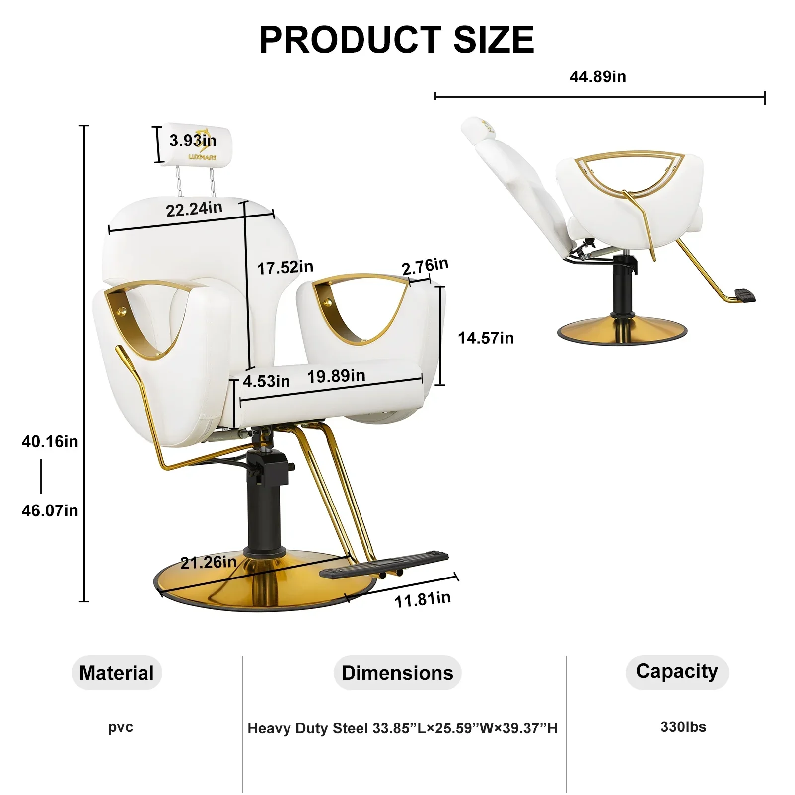 LUXMARS Reclining Hydraulic Barber Chair, White, 40 Inches To 46 Inches - Image 5