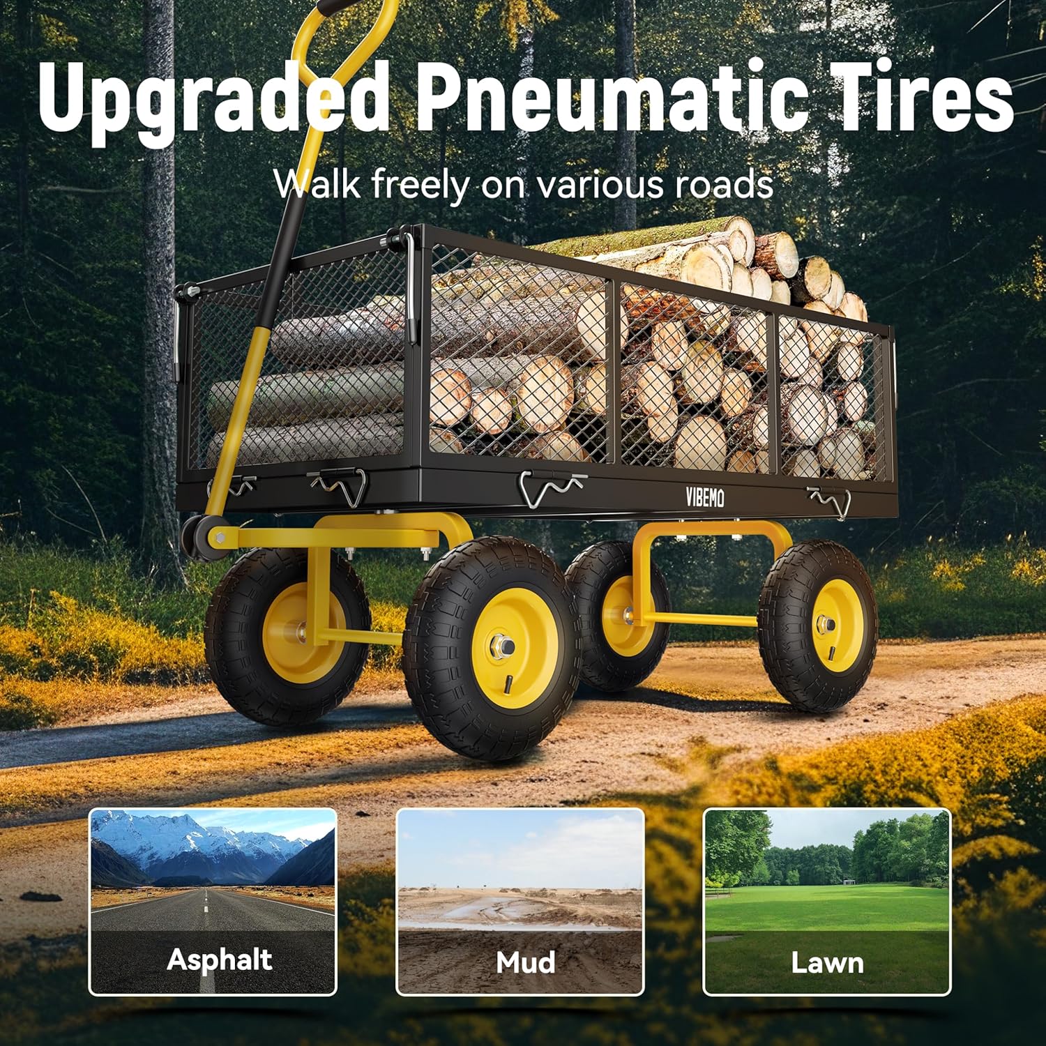 Steel Garden Cart 2-in-1 1400 lbs Heavy Duty Utility Wagon with Removable Mesh Sides to Convert into Flatbed 240?? U-Turn 13" Pneumatic Tires Garden Wagon for Farm Yard Lawn Garden Camping - Image 16