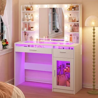 Fixwal Vanity Desk with Mirror and Lights, Makeup Vanity Table with RGB Drawers, 3-Color LED Lighting, Tempered Glass Top, 6 Shelves, Power Outlet, 35.4"W x 15.7"L x 55.1"H