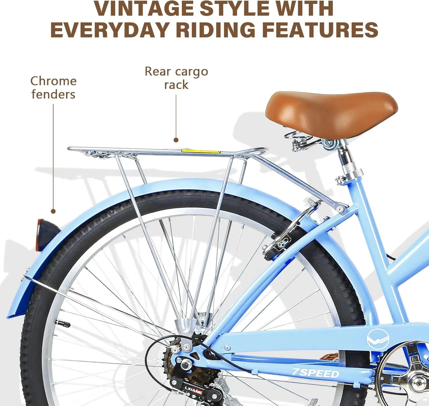 WEIZE Beach Cruiser Bike, 26 inch Commuter Bicycle for Adult Men and Women, 7-Speed/High-Carbon Steel/Front & Rear Fenders, Comfortable City Bikes with Rear Rack or Basket, Ergonomic Upright Design - Image 15