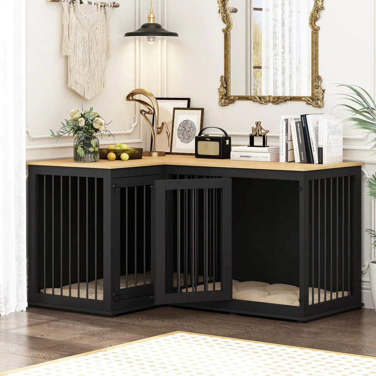 L Shape Corner Dog Crate Furniture For 2 Dogs, 58.7X41.1 - Image 3