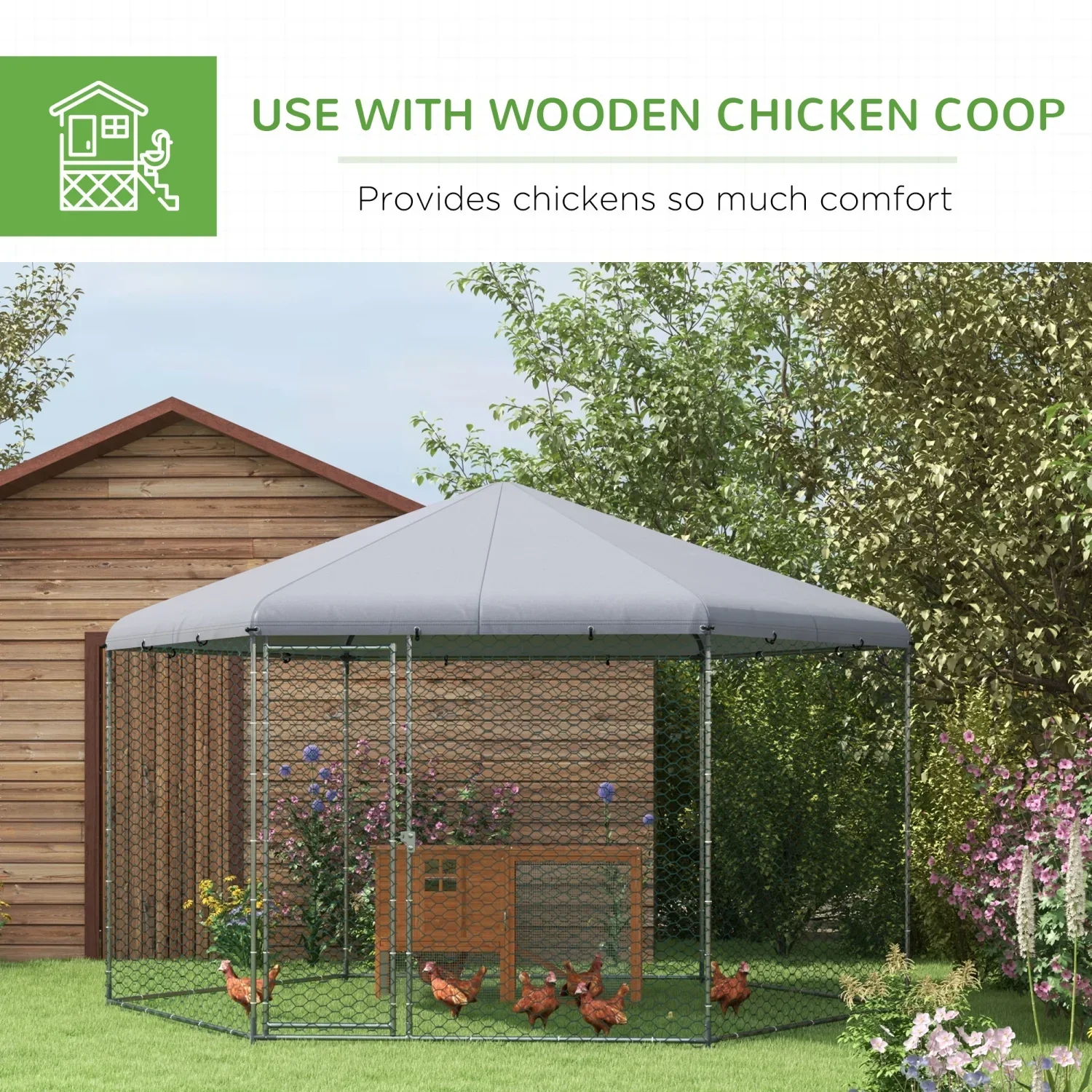 PawHut Large Metal Coop Run With Waterproof Anti-UV Cover, 13 ft x 11.4 ft x 8.6 ft - Image 5