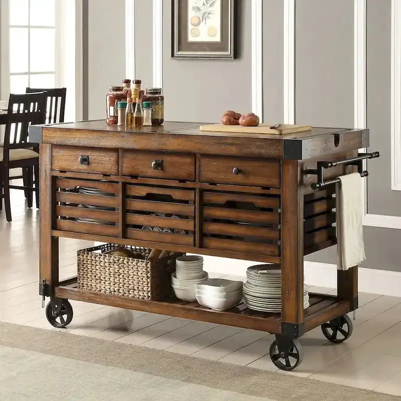 Kitchen Island Cart With 3 Drawers, Wood And Metal, Distressed Chestnut - Image 2