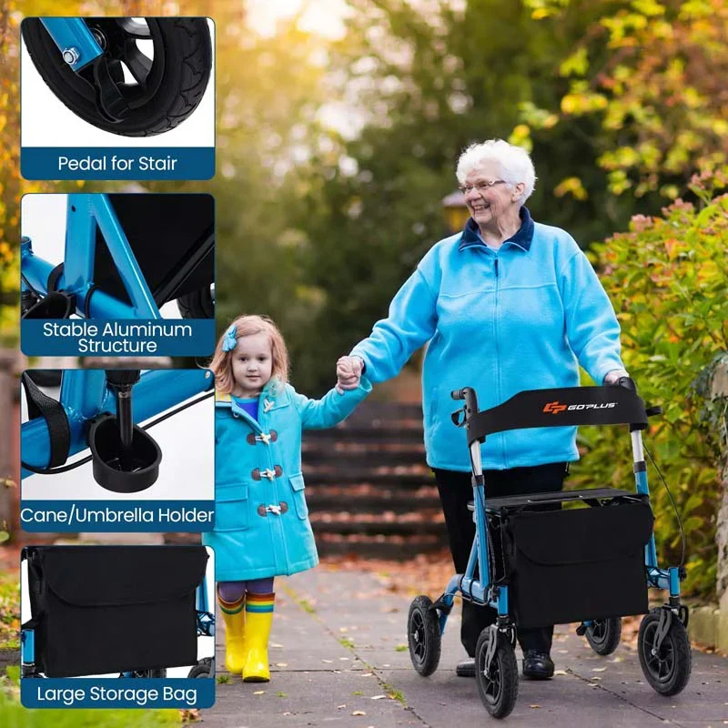 Foldable Rolling Rollator Walker With Seat, 9.5 Inch Pneumatic Wheels - Image 17