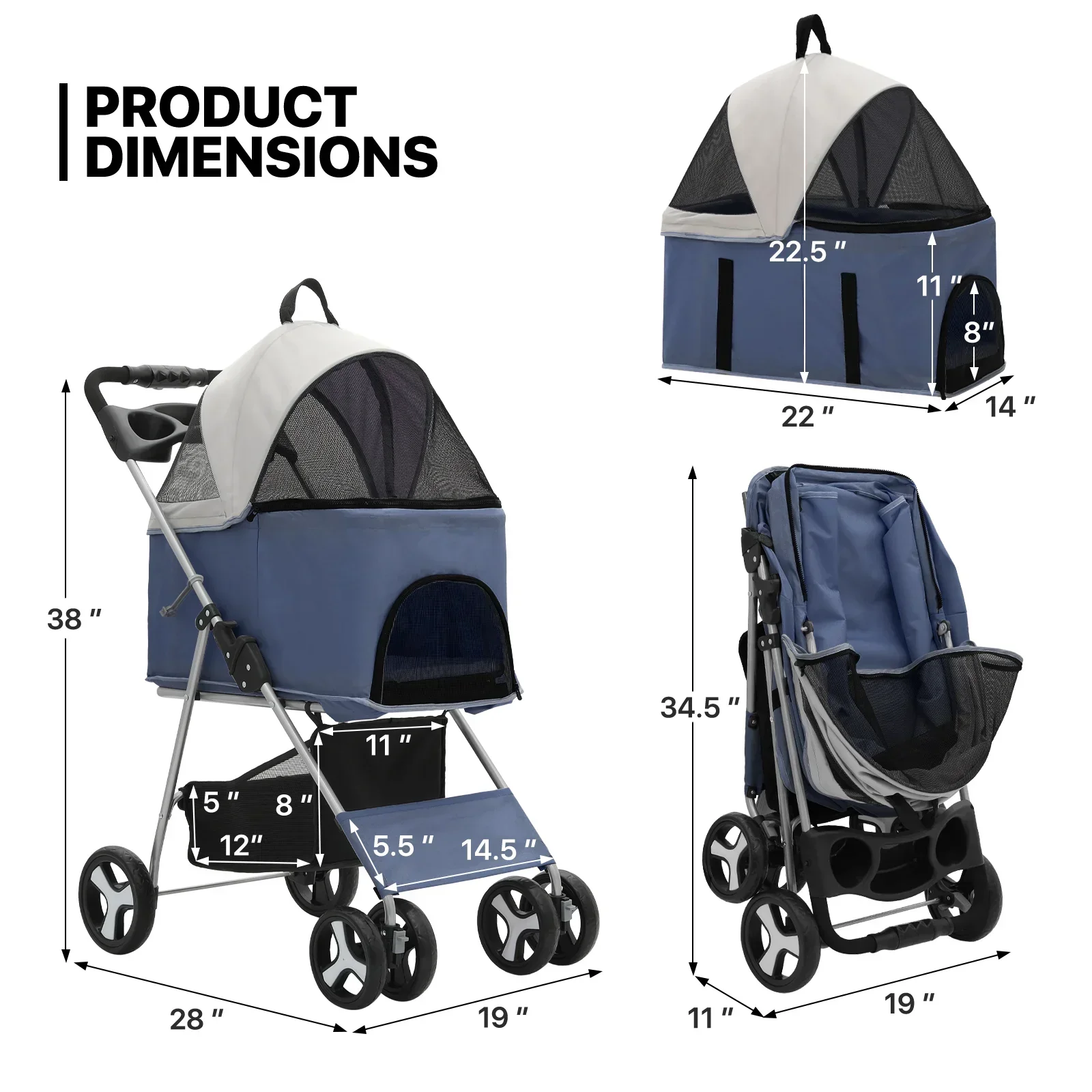 MoNiBloom 4-Wheel Foldable Pet Stroller, 33 lbs, Navy Blue - Image 7
