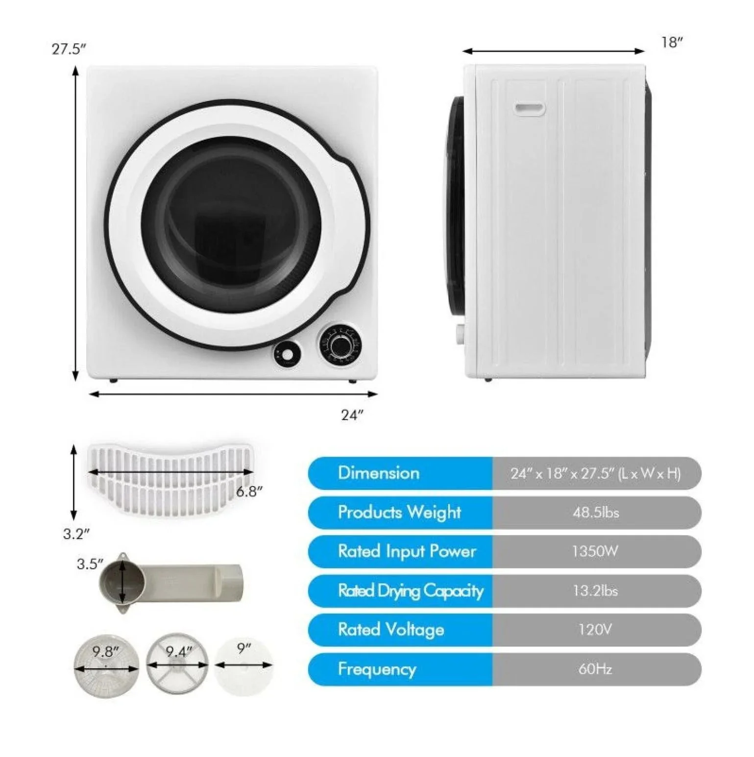 Compact Electric Tumble Dryer, 13.2lbs, White, Stainless Steel Tub, 4 Drying Modes, 2 Heat Settings - Image 5