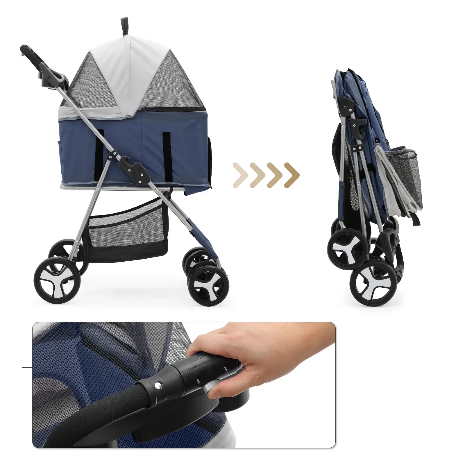 MoNiBloom 4-Wheel Foldable Pet Stroller, 33 lbs, Navy Blue - Image 4